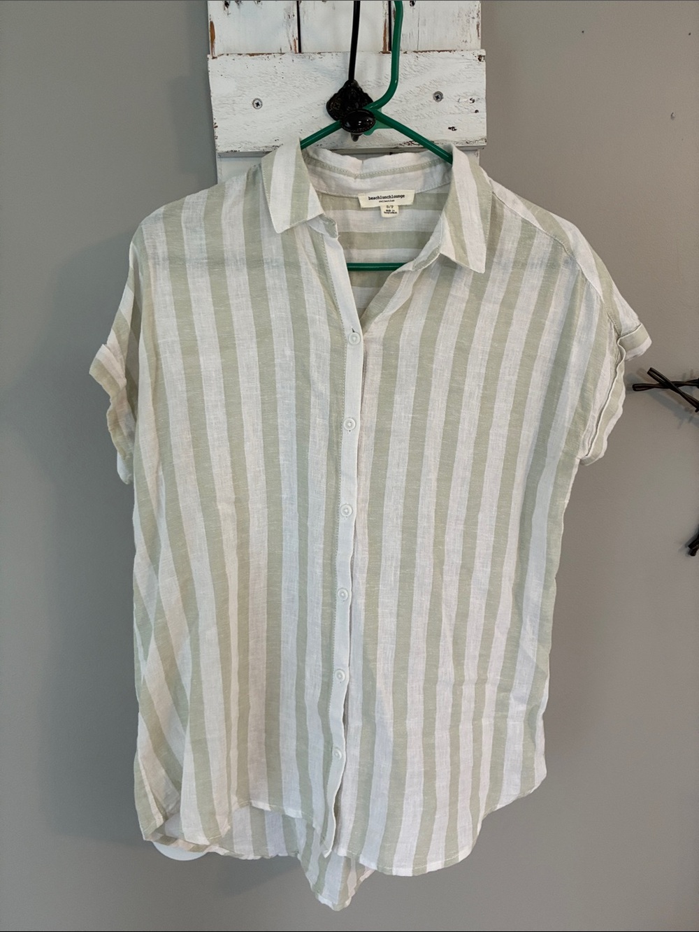 Linen/cotton blend striped button down short sleeve shirt